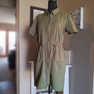 Beyond Yoga Olive Green Short Sleeve Zip-Up Dress Sz Small